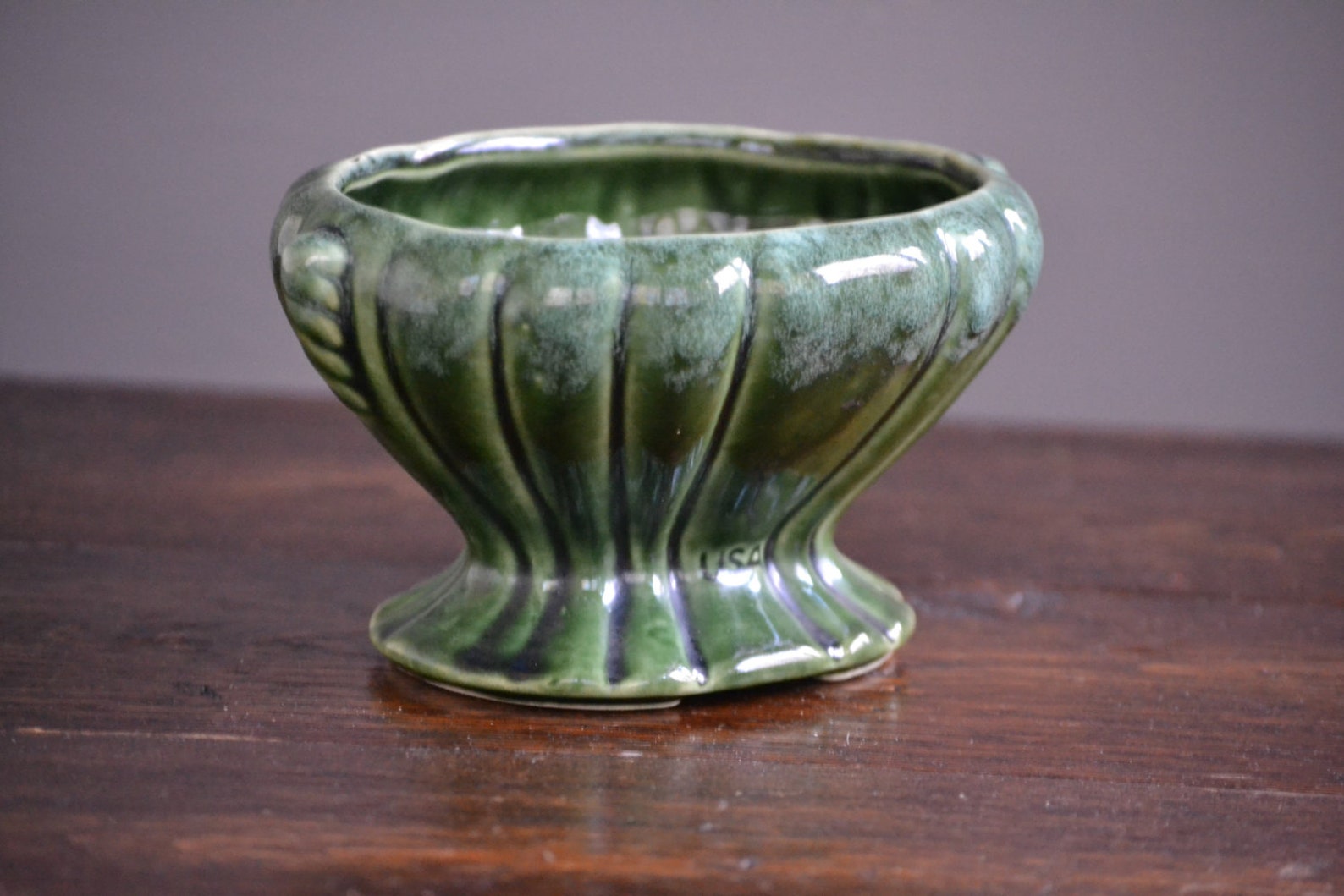 Small USA Green Drip Glaze Planter/ Ribbed Footed Oval Vintage Etsy