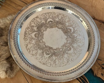 15” WM Rogers pierced Silver plate round serving platter tray silverplate metal cookie holiday large