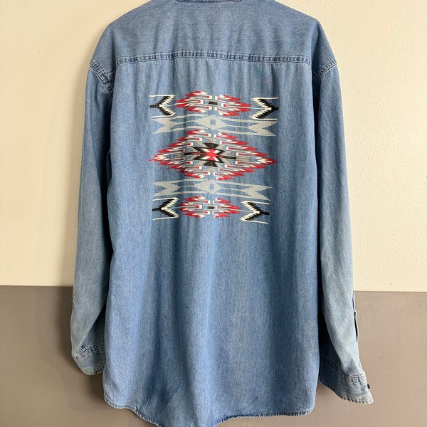 Ortega’s de Chimayo oversize denim shirt unisex XL store merchandise NM Port & CO jean button up cotton men women aztec southwestern