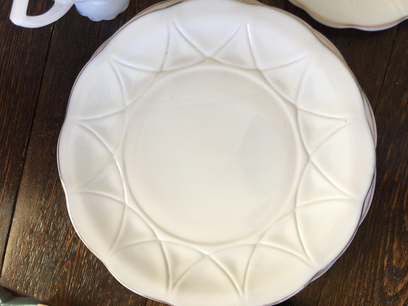 Milk Glass Luncheon Set Tea Cup Saucer Cream Sugar Salad Plate Etsy