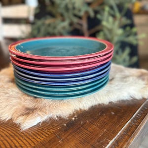 Denby Langley Harlequin salad plate speckled Stoneware red blue green discontinued dinnerware vintage tableware England replacement