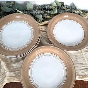 7 Denby Langley Seville dinner Plates Vintage renaissance 1975 Tan Cream Circle Pottery mid century England 70s