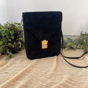 Black suede Frenchy of California bag leather crossbody soft retro square boxy gold hardware fashionable purse