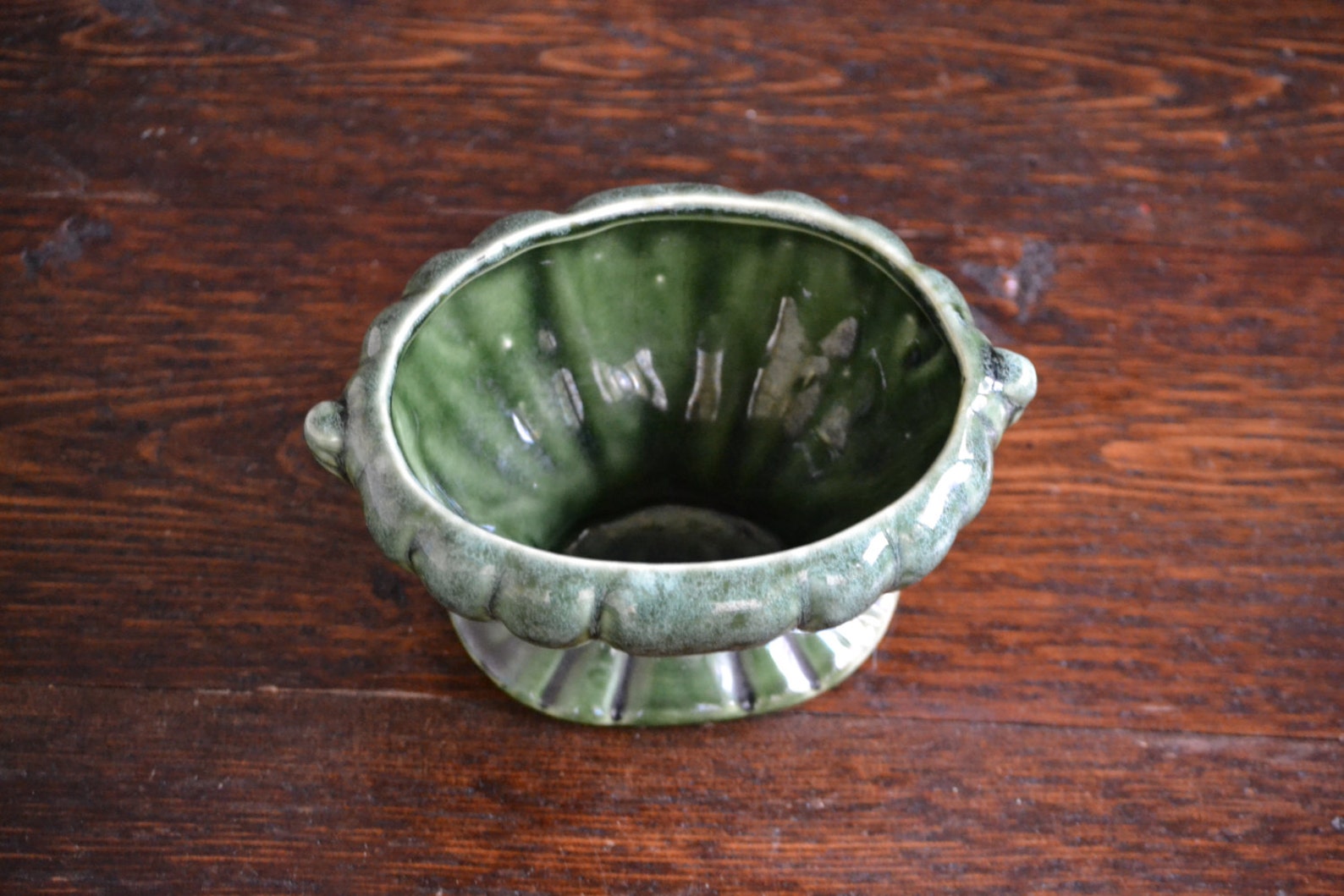 Small USA Green Drip Glaze Planter/ Ribbed Footed Oval Vintage Etsy