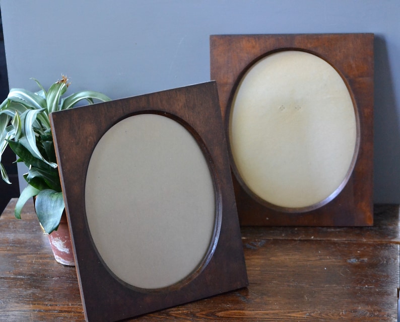 Walnut Stained Wood Wall Picture Frames Oval Center Two 2