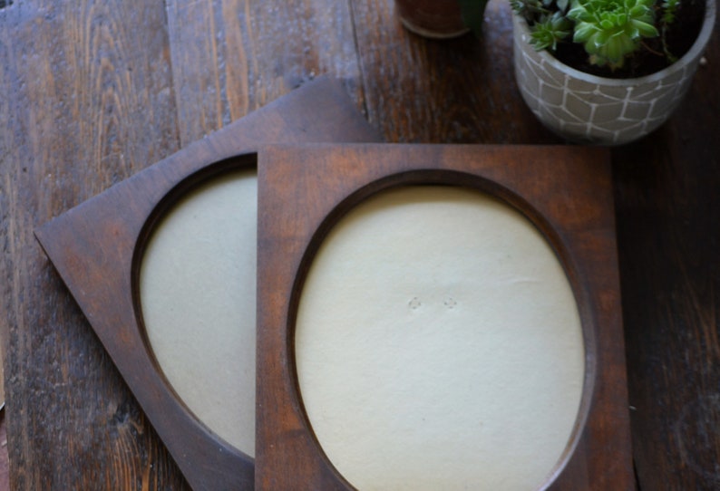 Walnut Stained Wood Wall Picture Frames Oval Center Two 2