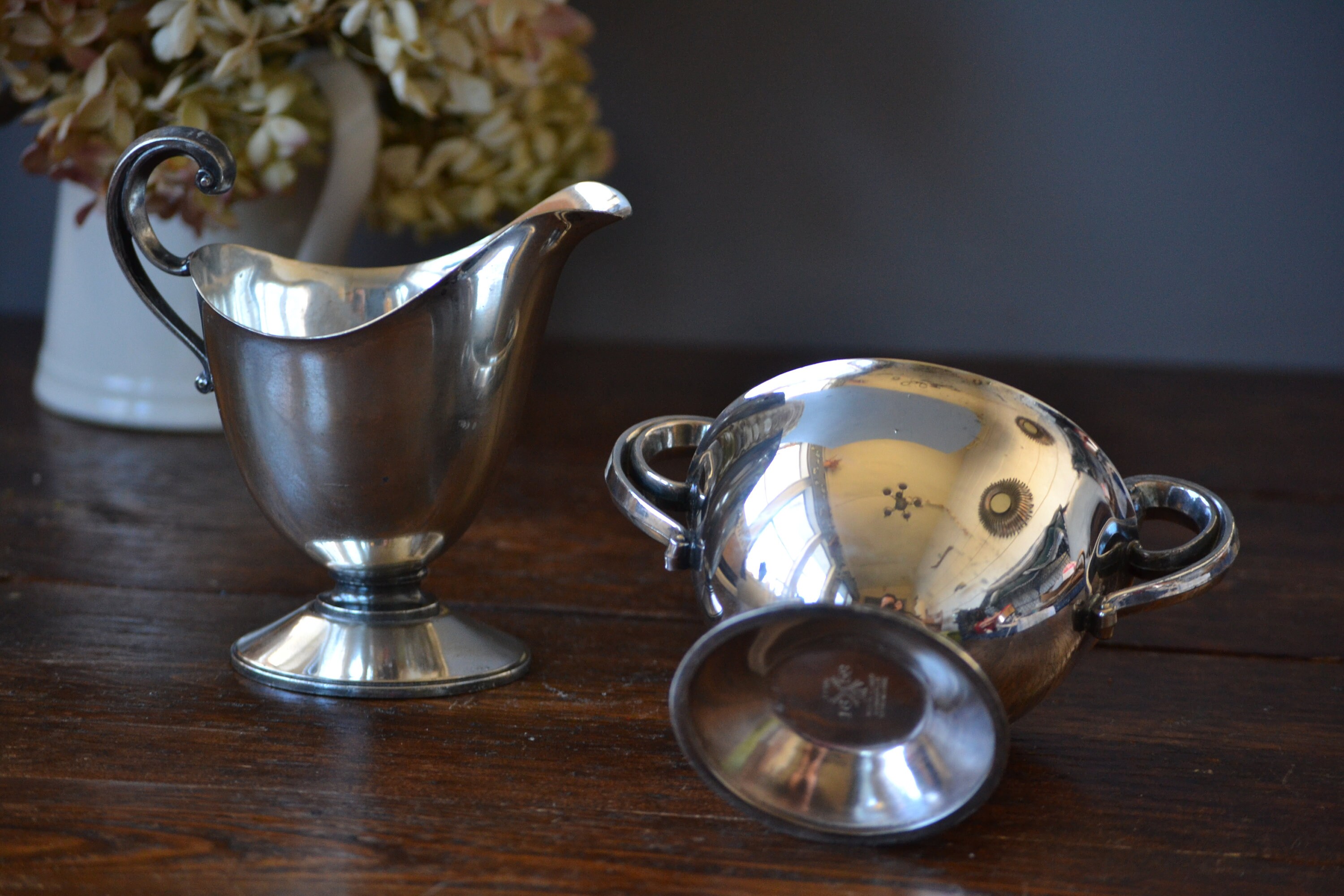 1658 Mulholland EPNS Cream Sugar Nickel Base Curled handle