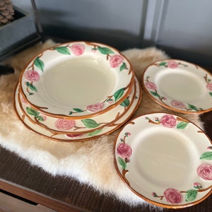 Camellia Metlox Poppytrail Vernon brown trim plate bowl rose hand painted tableware bread butter dinner pink flower ceramic setting country