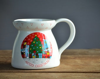 80s Lillian Vernon Christmas Pitcher 8461 / Italy ceramic tea coffee carafe serving limited edition holiday party red star