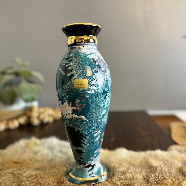 Ital Dekor Handarbeit ceramic vase | turquoise black gold abstract