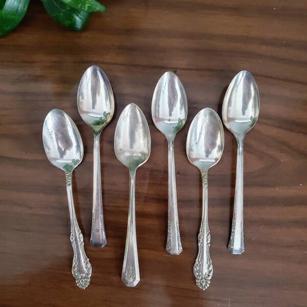 Six (6) Mixed Lot Silverplate Teaspoons rogers Oneida Del Mar Carlton