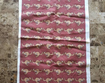 Rodriquez Australian Linen Tea Towel Maroon Kangaroo | vintage textile decorative red animal print frame ready | pure linen