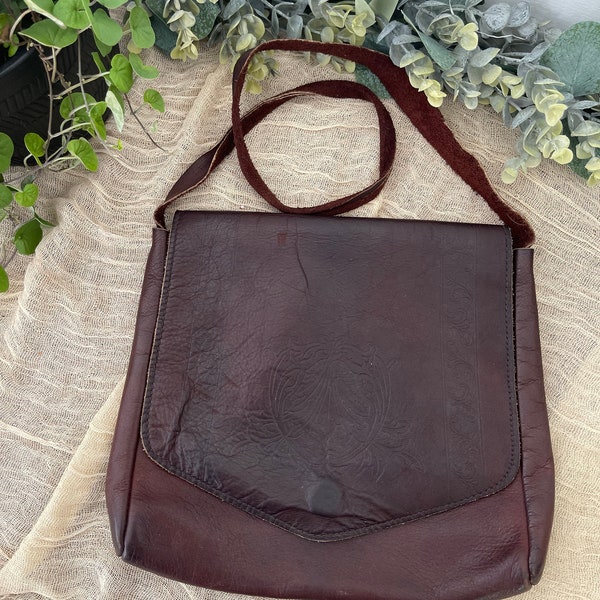 Brown genuine leather satchel | purse womens handbag simple fold over shoulder carry| dark brown stamped bohemian