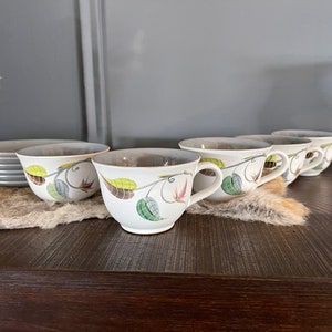 Denby Langley Spring Five (5) flat Cup + saucer set Stoneware | Made in England matte white gray cottage teacup green 60s