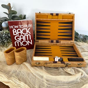 Small Retro Mustard yellow Brown & cream Backgammon game | 1980&#39;s Vintage dice travel case cabin counter popular
