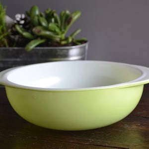 Puede incluir: Un cuenco para mezclar verde claro y blanco. El cuenco tiene forma redondeada con un borde ancho y un interior blanco. El cuenco está sobre una superficie de madera oscura.