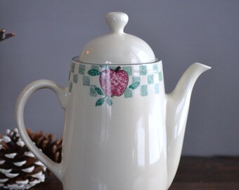 Tienshan Sponge ceramic Coffee Pot & Lid TIE43 Red Apple Green Checkered country Serving stoneware 90s kitchen