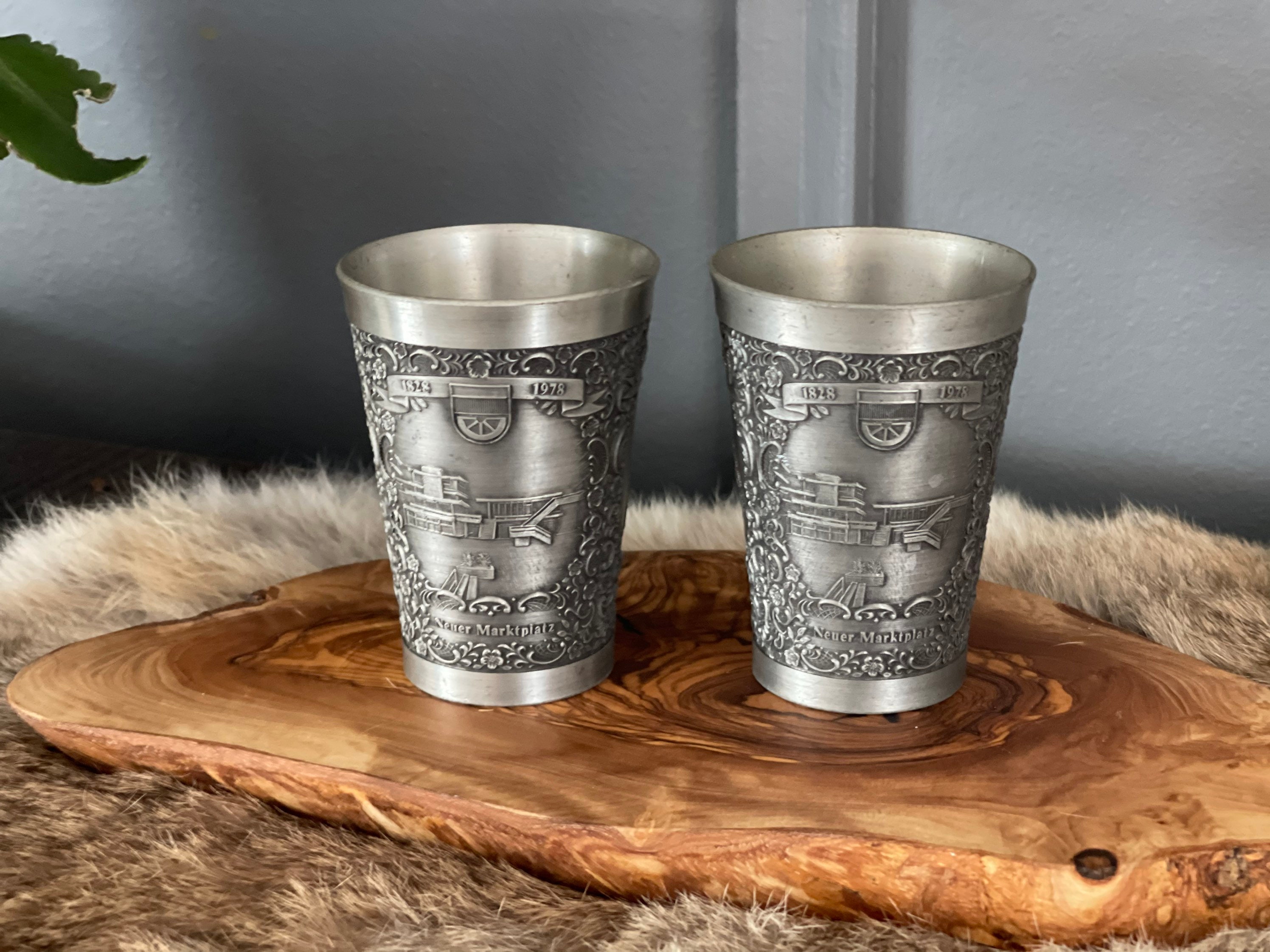 German ZINN Becker 95% Pewter Cup, 3 Raised Relief Designs