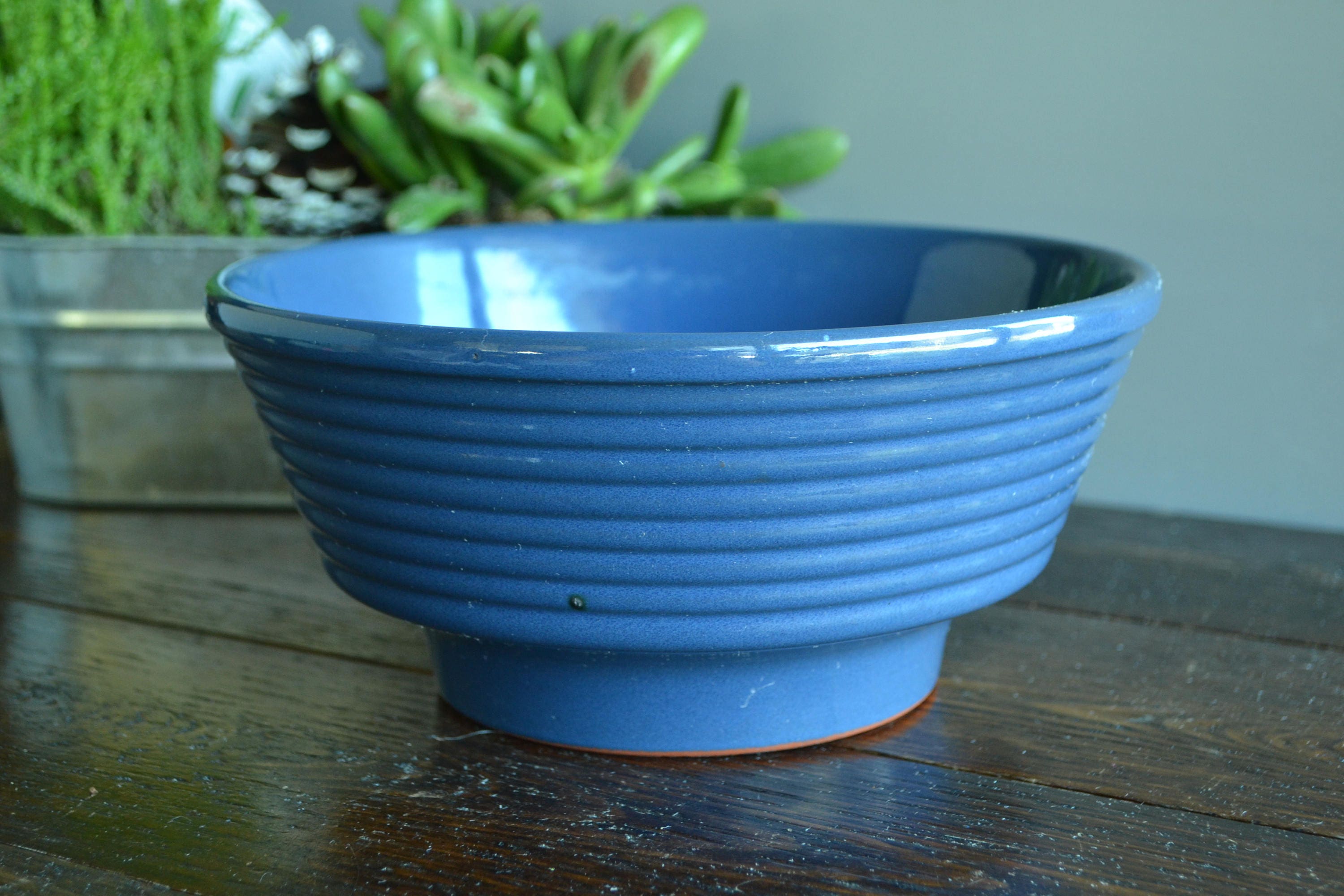 Blue Terracotta Serving Bowl Germany / Vintage Ribbed