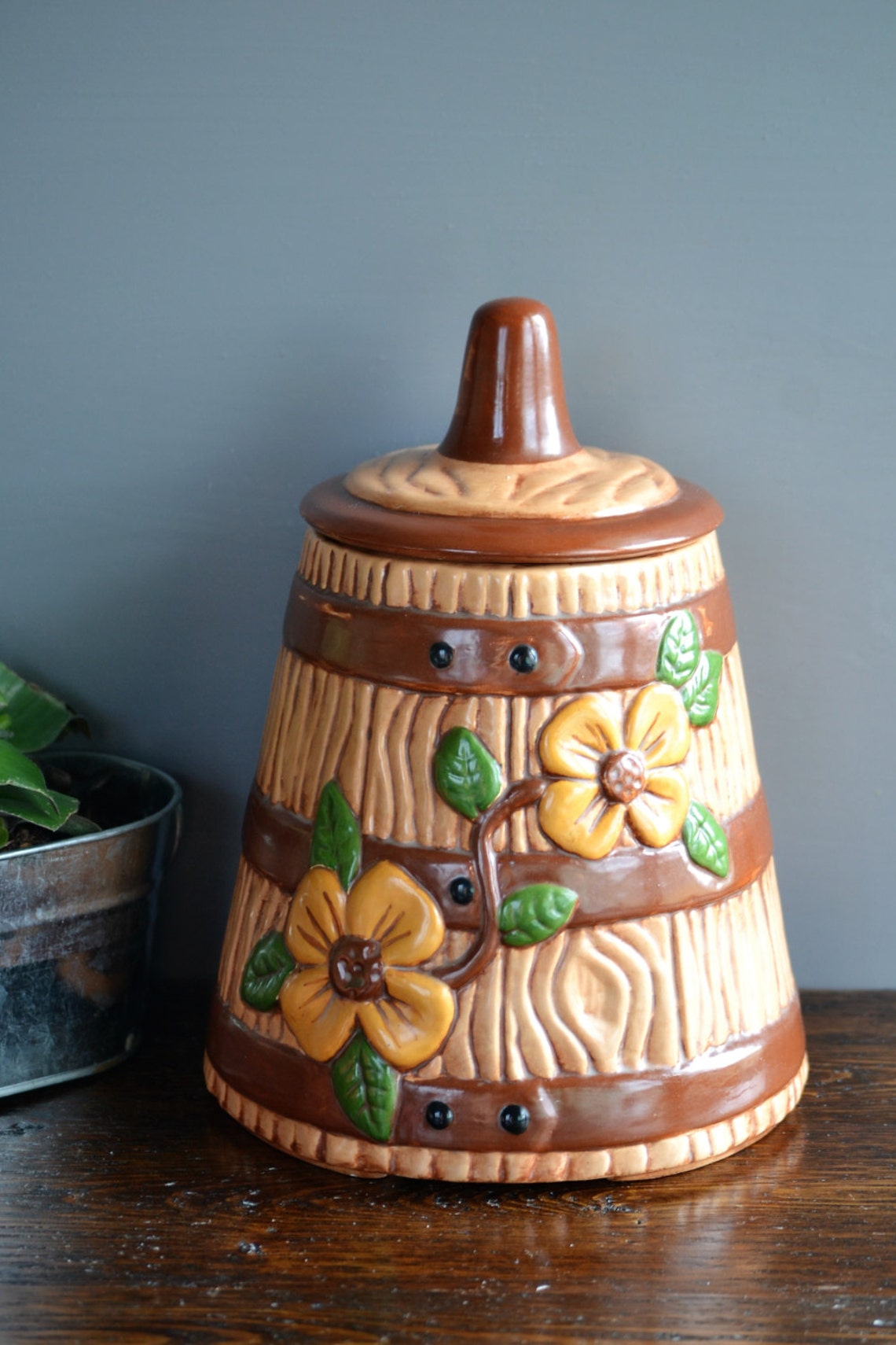 Butter Churn Cookie Jar / USA American Bisque / Yellow Flowers | Etsy