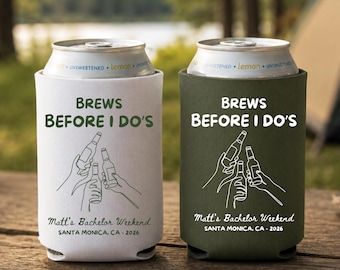 Brews Before I Dos Can Cooler Custom - Bachelor Party Favor Personalized with Name - Camping Bachelor Weekend Koozie