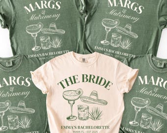 Margs und Matrimony T-Shirts, Bachelorette Party Merch, personalisierte Junggesellinnenabschieds-Shirts, Name und Ort mit individuellem Junggesellinnenabschied