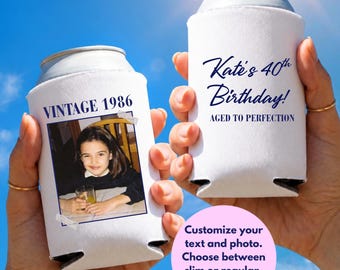 Custom Photo Birthday Can Cooler - Vintage Photo Birthday Party Favor Personalized - Aged to Perfection Birthday Koozie Custom