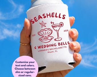 Beach Bachelorette Can Cooler Custom - Seashell Bach Party Favor Personalized - Coastal Bachelorette Cozie with Name and Location