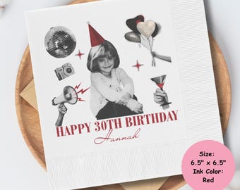 Retro Collage Birthday Napkins Personalized - Vintage Photo Cocktail Napkins Custom Name - 30th Birthday Party Napkins