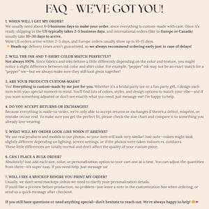 Op de afbeelding: Een cr&egrave;mekleurig document met de titel "FAQ - WE'VE GOT YOU!" met genummerde secties. Het behandelt besteltijden, kleurovereenkomst, producten op maat, retouren, uiterlijk van de bestelling, bulkbestellingen en mockups.