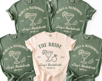 Margs und Matrimony T-Shirts, Bachelorette Party Merch, personalisierte Junggesellinnenabschieds-Shirts, Name und Ort mit individuellem Junggesellinnenabschied