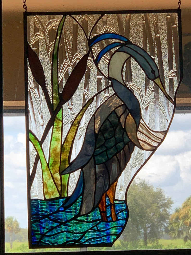 GREAT BLUE HERON Stained glass window panel Etsy