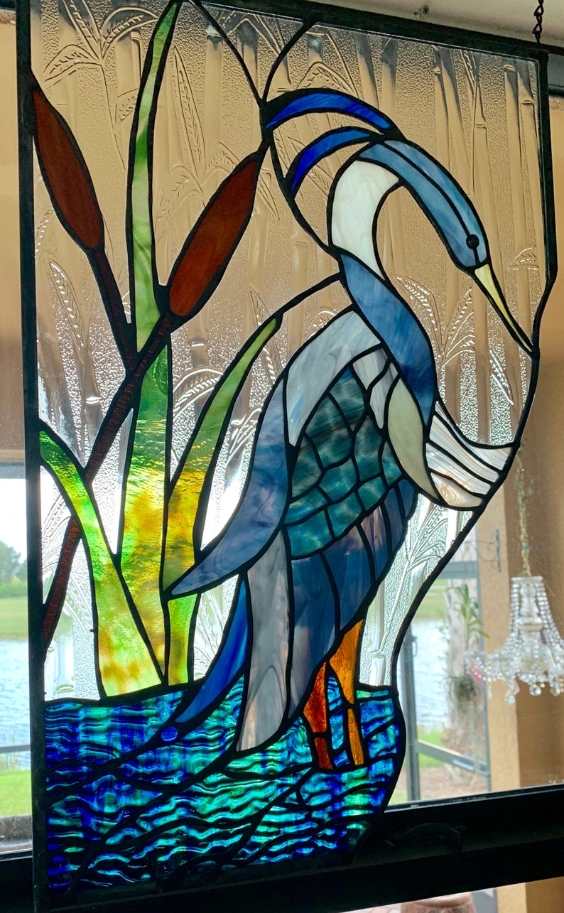 GREAT BLUE HERON Stained glass window panel Etsy