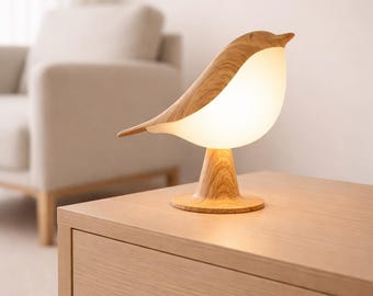 Lámpara de noche con forma de pájaro, lámpara de mesa de madera escandinava, lámpara táctil regulable, luz nocturna para habitación infantil, lámpara LED inalámbrica, decoración minimalista para el hogar.