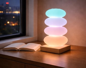 Color Changing Stone Night Light, Minimalist Bedside Lamp, Japandi Home Decor, Ambient LED Desk Lamp, Cozy Bedroom Light