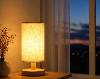 Minimalist Wood Table Lamp, Linen Shade Bedside Light, USB Powered Lamp, Japandi Nightstand Light, Scandinavian Cozy Home Decor