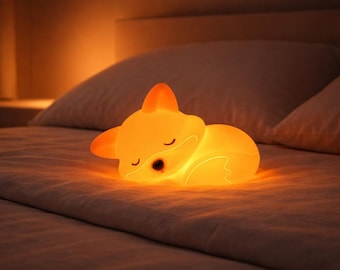 Lámpara de noche con forma de zorro adorable, lámpara de animales kawaii, lámpara de noche para la habitación del bebé, lámpara de mesita de noche de silicona suave, regalo acogedor para la decoración de la habitación de los niños.