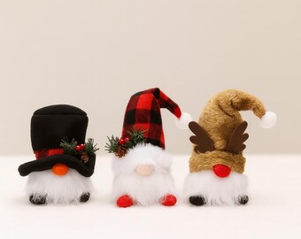 Juego de 3 gnomos navideños – Decoración escandinava de tomte – Gnomos de estantería de invierno – Decoración nórdica para mesas festivas