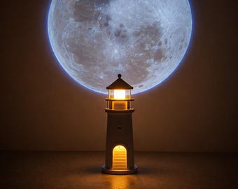 Lighthouse Moon Lamp Night Light, Ocean Themed Decor, Ambient Table Lamp with Remote, Nautical Bedroom Night Light, Kids Nursery Lamp