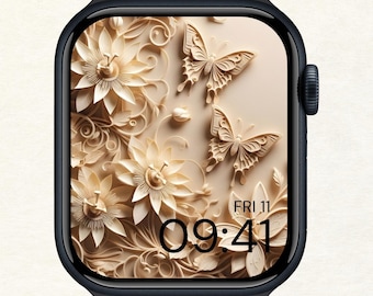 Beige 3D Floral Butterfly Apple Watch Wallpaper | Neutral Minimalist Watch Face (Digital Download)