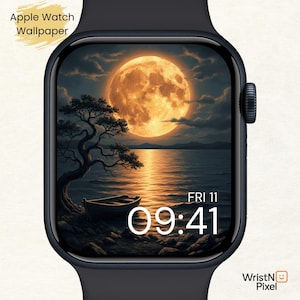 May include: Black Apple Watch showing a full moon over water wallpaper. The image features a boat, a tree, and the time 09:41. The text "Apple Watch Wallpaper" is in the upper left corner.