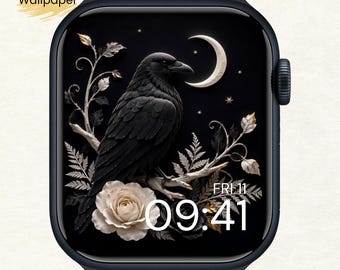 Raven Moon Apple Watch Wallpaper | Gothic Black Bird Rose Watch Face (Digital Download)