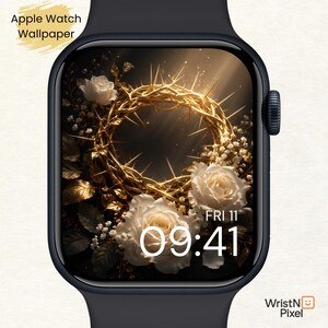 May include: A black smartwatch displaying a digital wallpaper of a golden crown of thorns surrounded by white roses and small white flowers. The screen shows the time 09:41 and the date FRI 11. Text on the image reads Apple Watch Wallpaper and WristN Pixel.