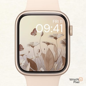 Soft Beige Floral Apple Watch Wallpaper | Minimal Butterfly Smartwatch Face | Boho Watch Face | Spring Watch Wallpaper | Aesthetic Watch