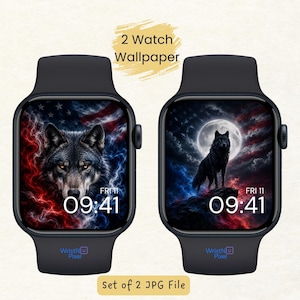 May include: Two black smartwatches with wolf-themed wallpapers. One features a wolf against a red, white, and blue background, the other a wolf under a full moon. Both displays show the time 09:41 and the date FRI 11.