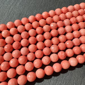 Coral Jade beads: 8mm round faceted dyed gemstone, 15” strand (A-31)