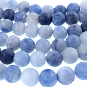 May include: Close-up of a strand of round, blue gemstone beads. The beads vary in shades of blue, from light to dark, with a speckled appearance. The beads are likely used for jewelry making.