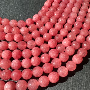 Watermelon Pink Jade beads: 8mm round faceted dyed gemstone, 15” strand (A-20)