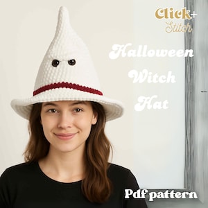 May include: A white crochet witch hat with a pointed top and a wide brim. The hat features a dark red band around the base and two dark brown eyes. The text "Halloween Witch Hat" and "Pdf pattern" are visible.