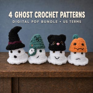 Bundel met 4 haakpatronen voor Halloween-spookjes (PDF), heks, Frankenstein, kat en pompoen (amigurumi-patronen), Amerikaanse termen, direct digitaal te downloaden.